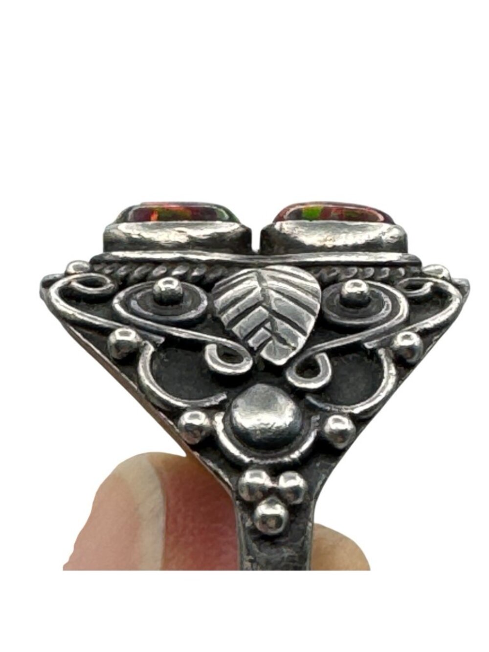 Vintage Sterling Silver Double Opal Ring Southwestern Ornate Setting Sz 8.25 - Picture 13 of 16